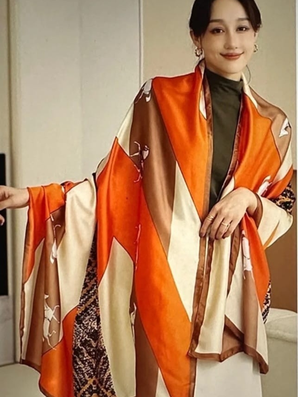 Silky Orange and Cream Fashion Wrap with Brown Trim - Picture 2 of 8